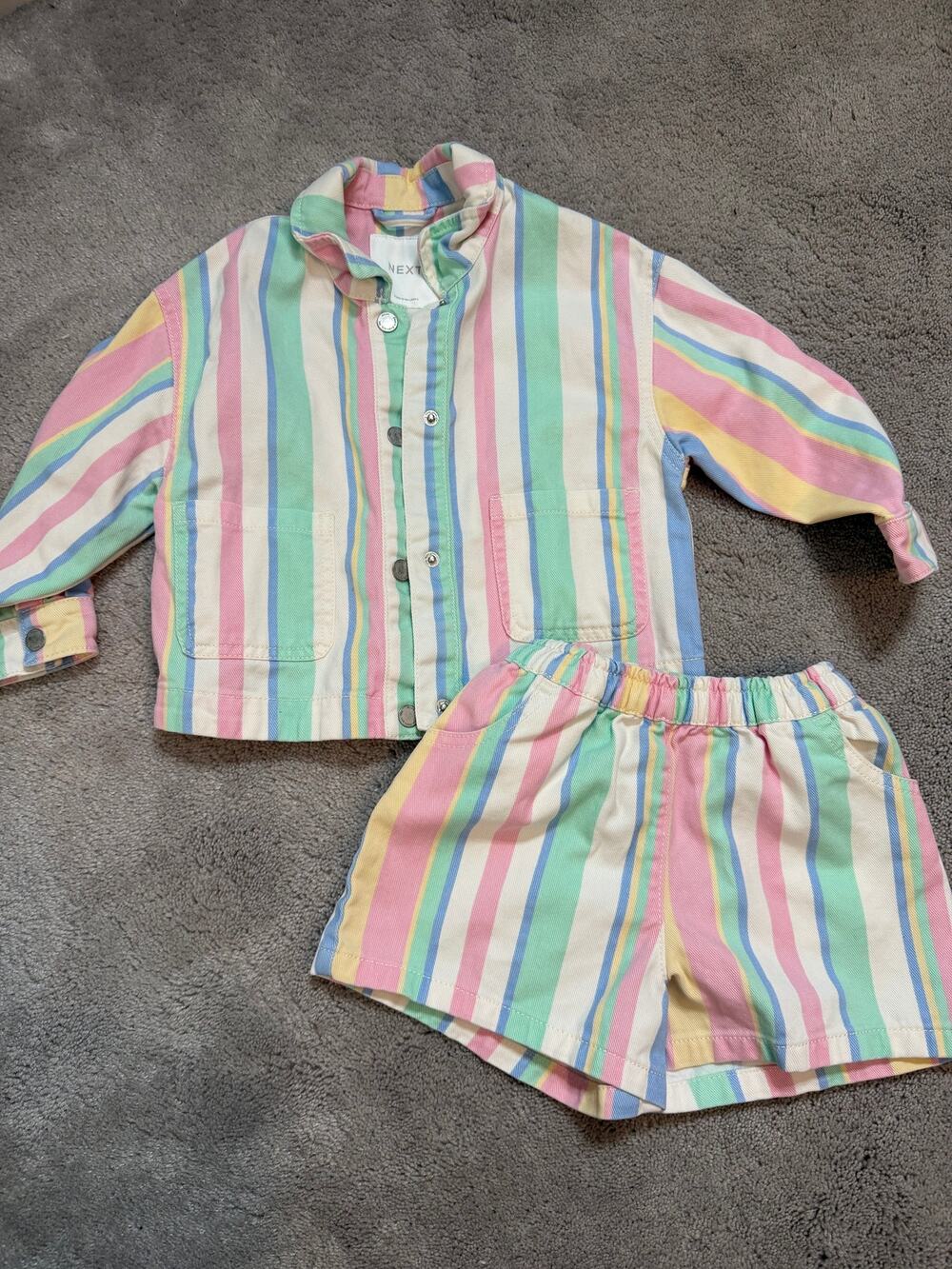 NEXT Girls Striped Denim Matching Short Set Jacket Size 2/3 Pastel